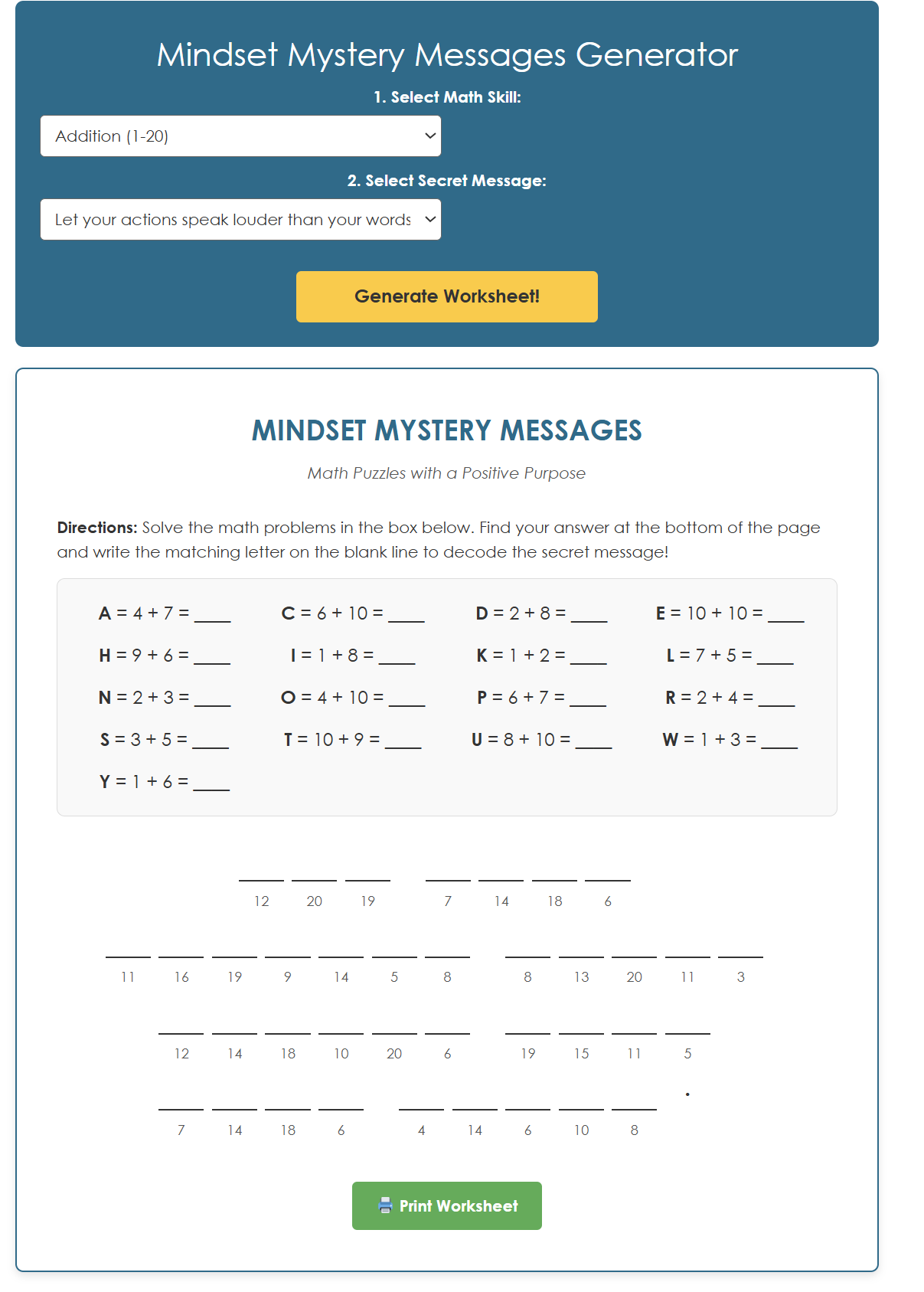 Secret Message Math Generator Free Math Worksheet Generator | Mindset Mystery Messages