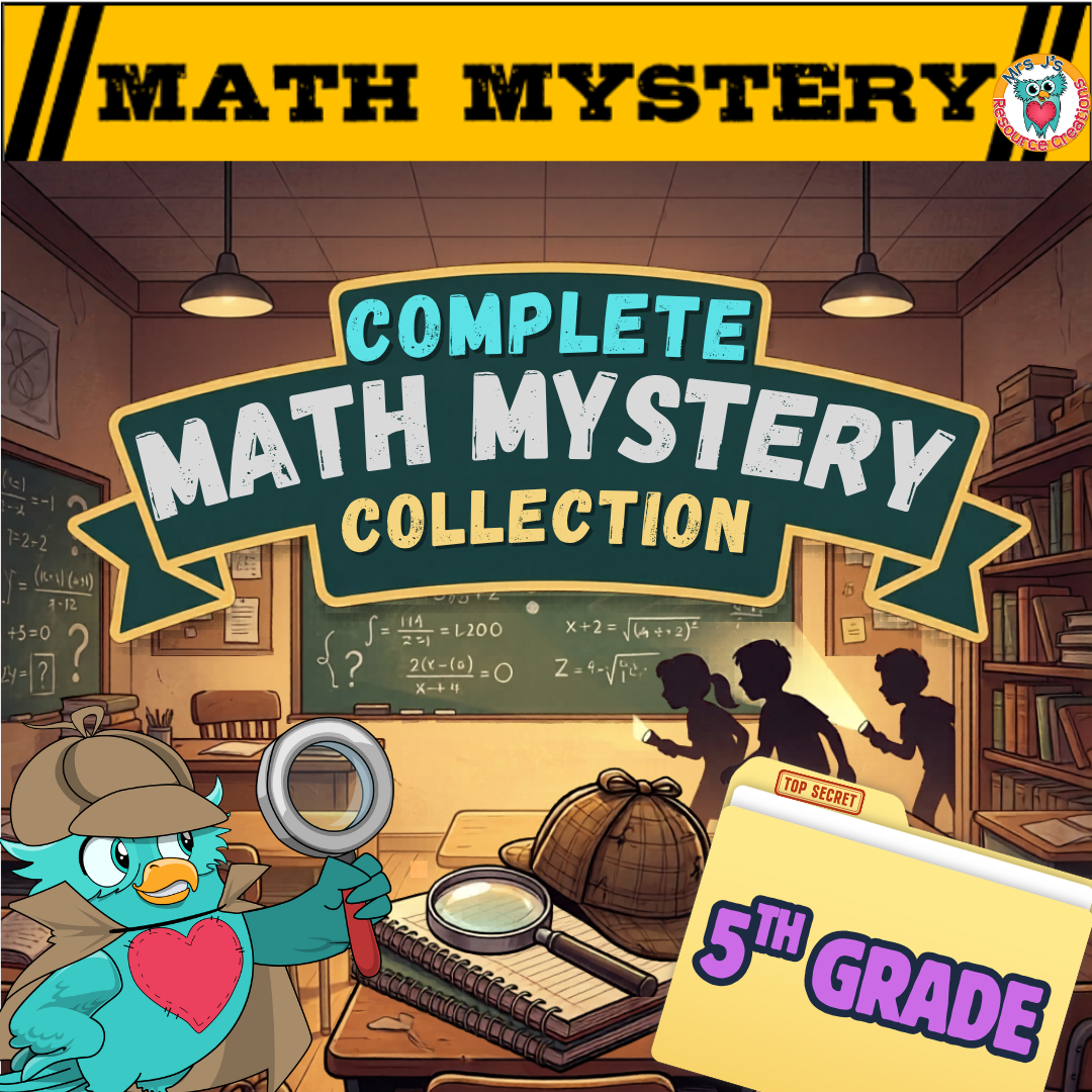 5th Grade Complete Math Mystery Collection Bundle Cover with yellow branded banner and owl mascot.