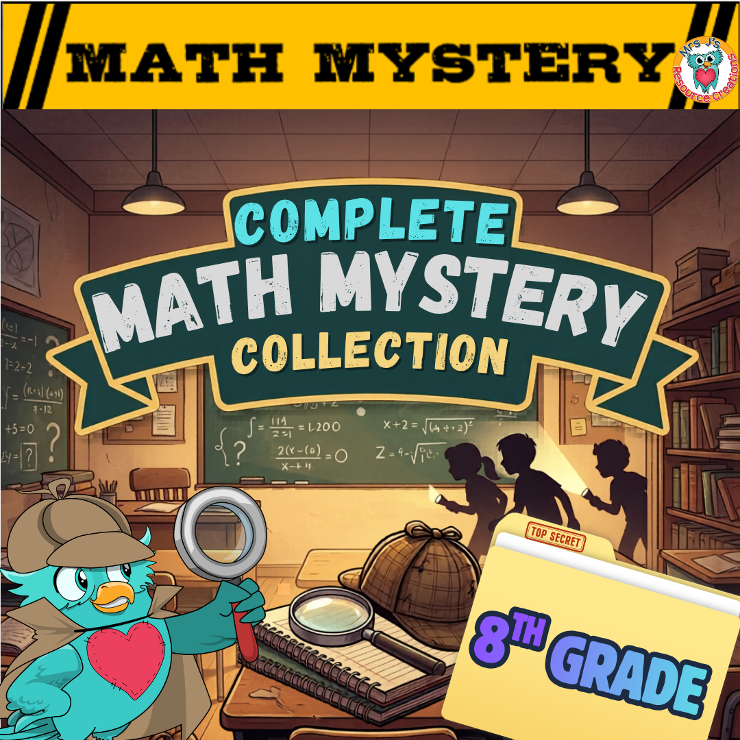 8th Grade Complete Math Mystery Collection Bundle Cover with student detectives and owl mascot.
