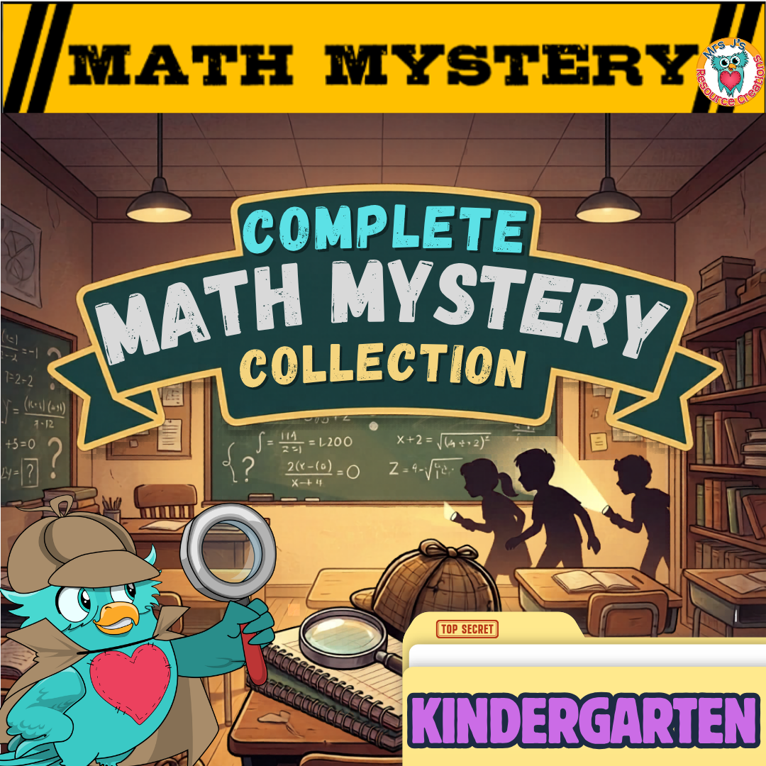 1st Grade Math Mystery Complete Bundle cover featuring student detectives with flashlights and an owl mascot.