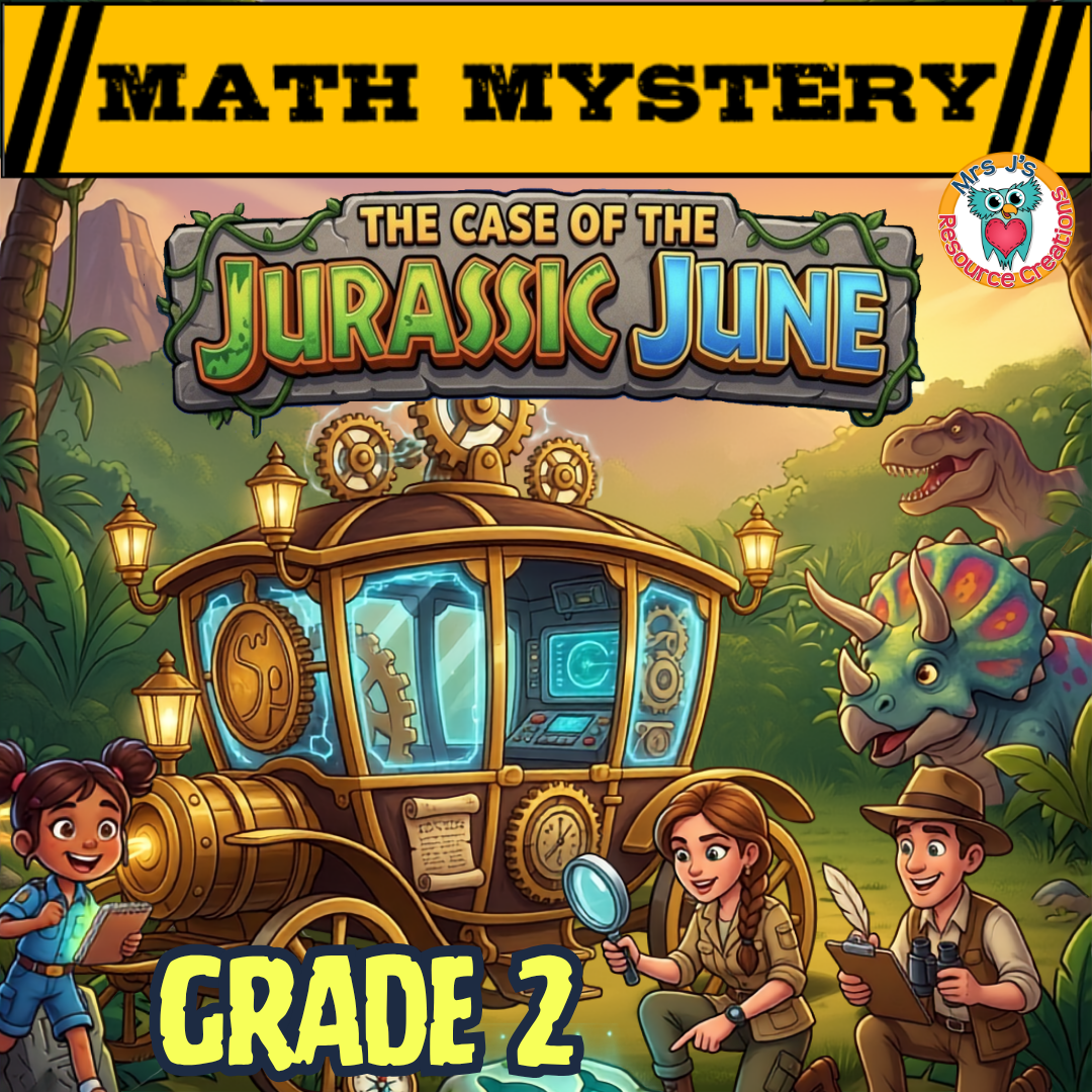 June Math Review 2nd Grade Activity Cover - The Case of Jurassic June dinosaur math worksheets summer packet.
