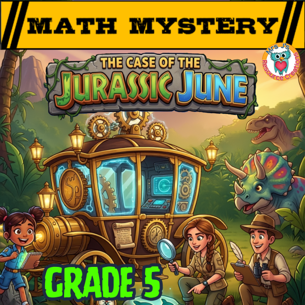June Math Review 5th Grade Activity Cover - The Case of Jurassic June dinosaur math worksheets summer packet.