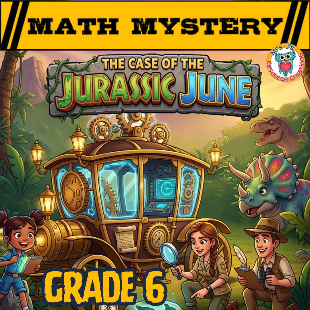 June Math Review 6th Grade Activity Cover - The Case of Jurassic June dinosaur math worksheets summer packet.