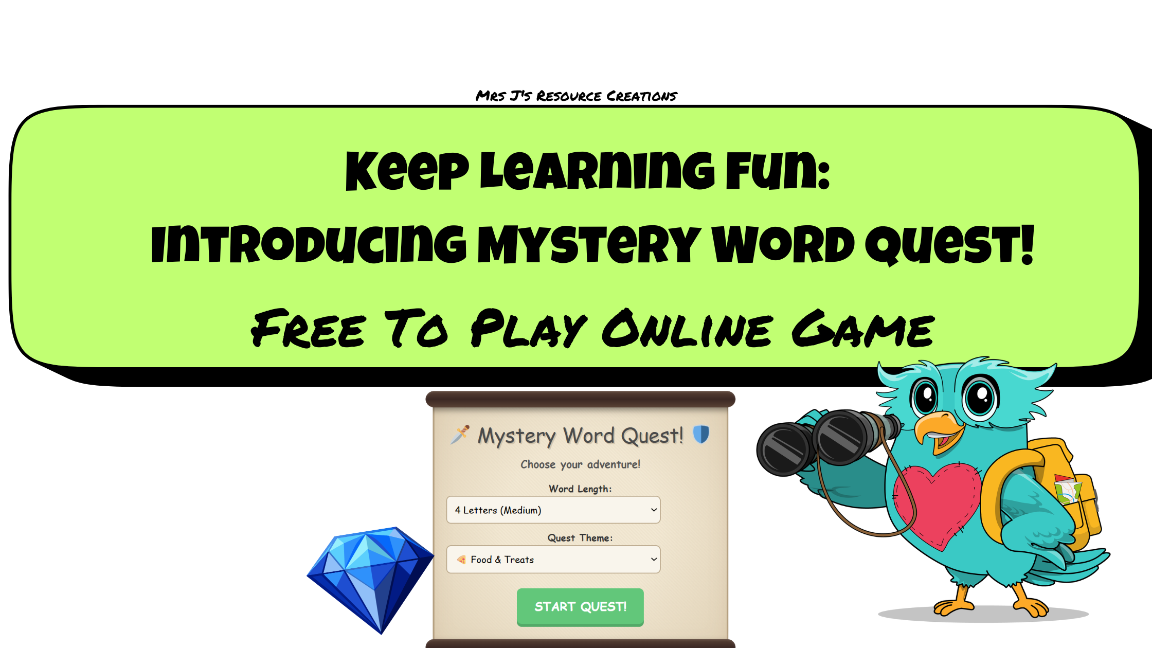 A banner introducing a mystery word quest game blog post to keep learning fun