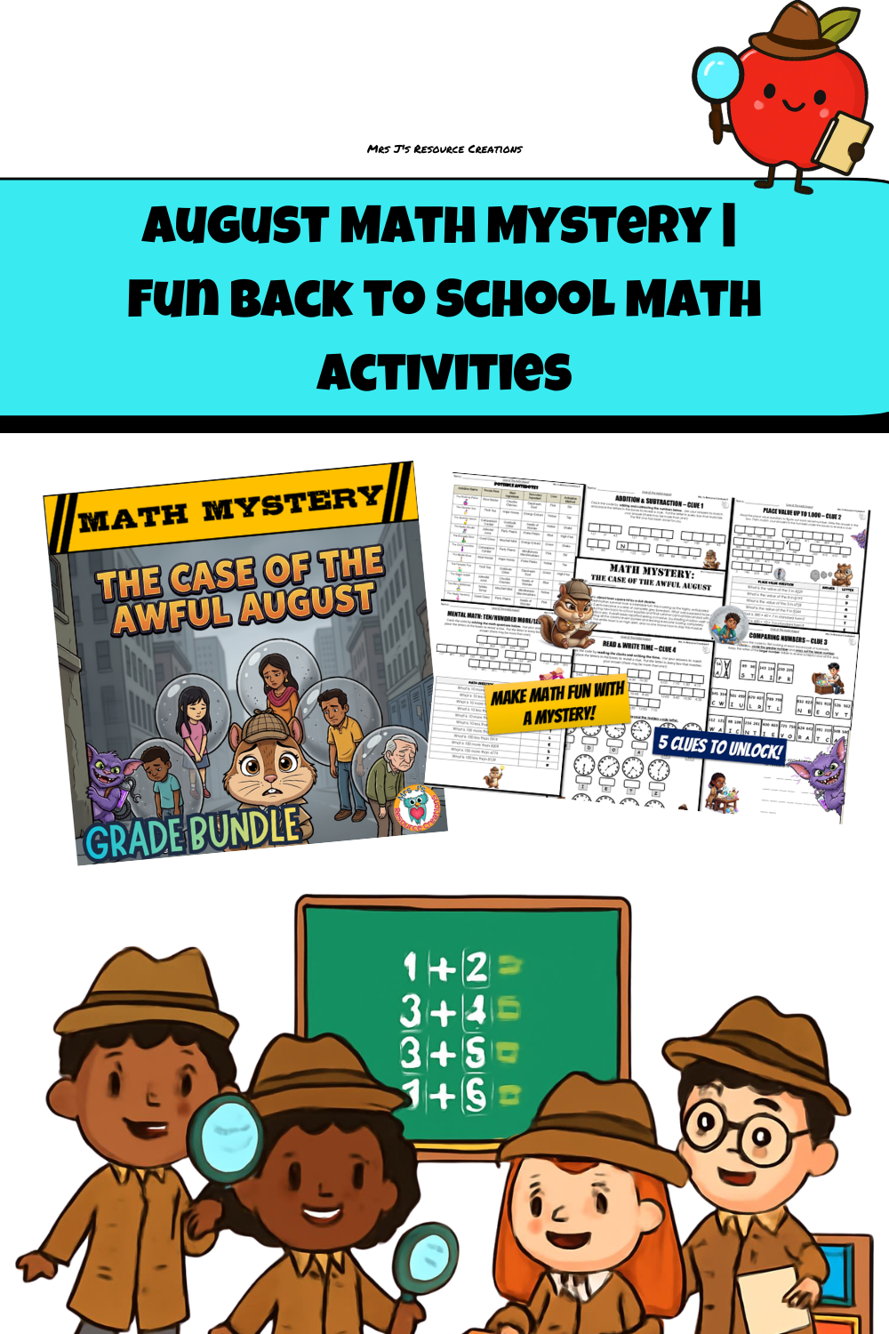 Pin for August math mystery showing fun back to school math activities for elementary students.