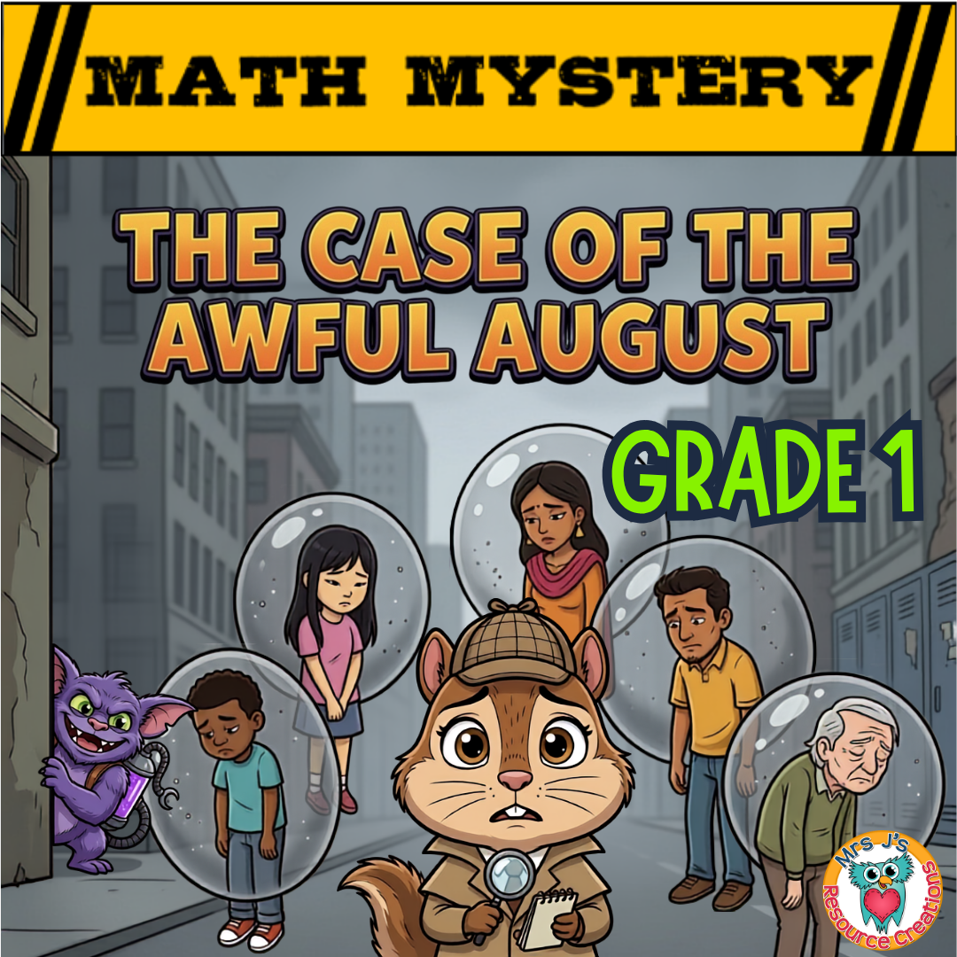1st Grade August Math Mystery product cover featuring a back-to-school detective math review.