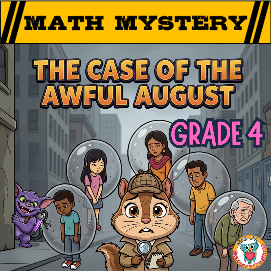 4th Grade August Math Mystery product cover featuring a back-to-school detective math review.