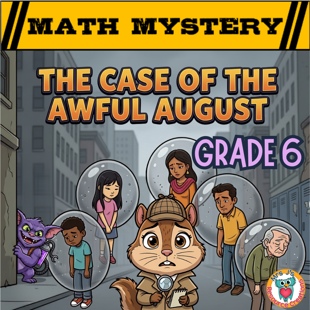 6th Grade August Math Mystery product cover featuring a back-to-school detective math review.