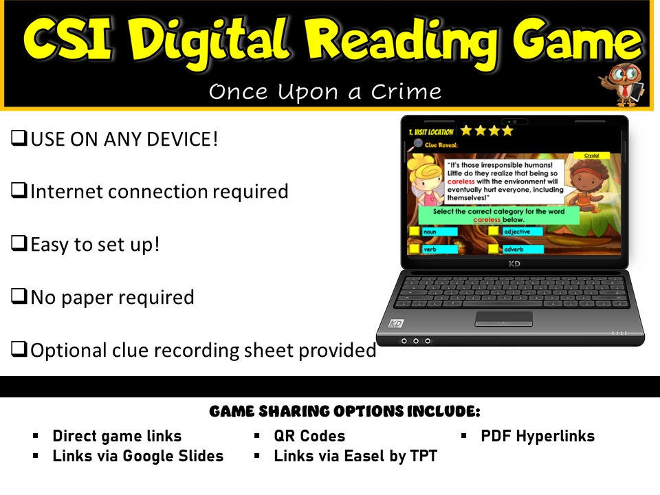 Sample images to showcase what a digital graphic reading mystery game looks like 