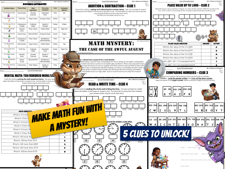 Math mystery worksheets focusing on beginning of the year math review.