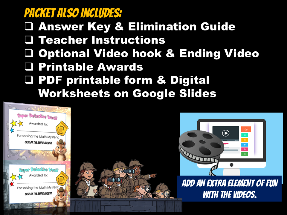 A image showing a summary of bonus extras included in this August math mystery pack 