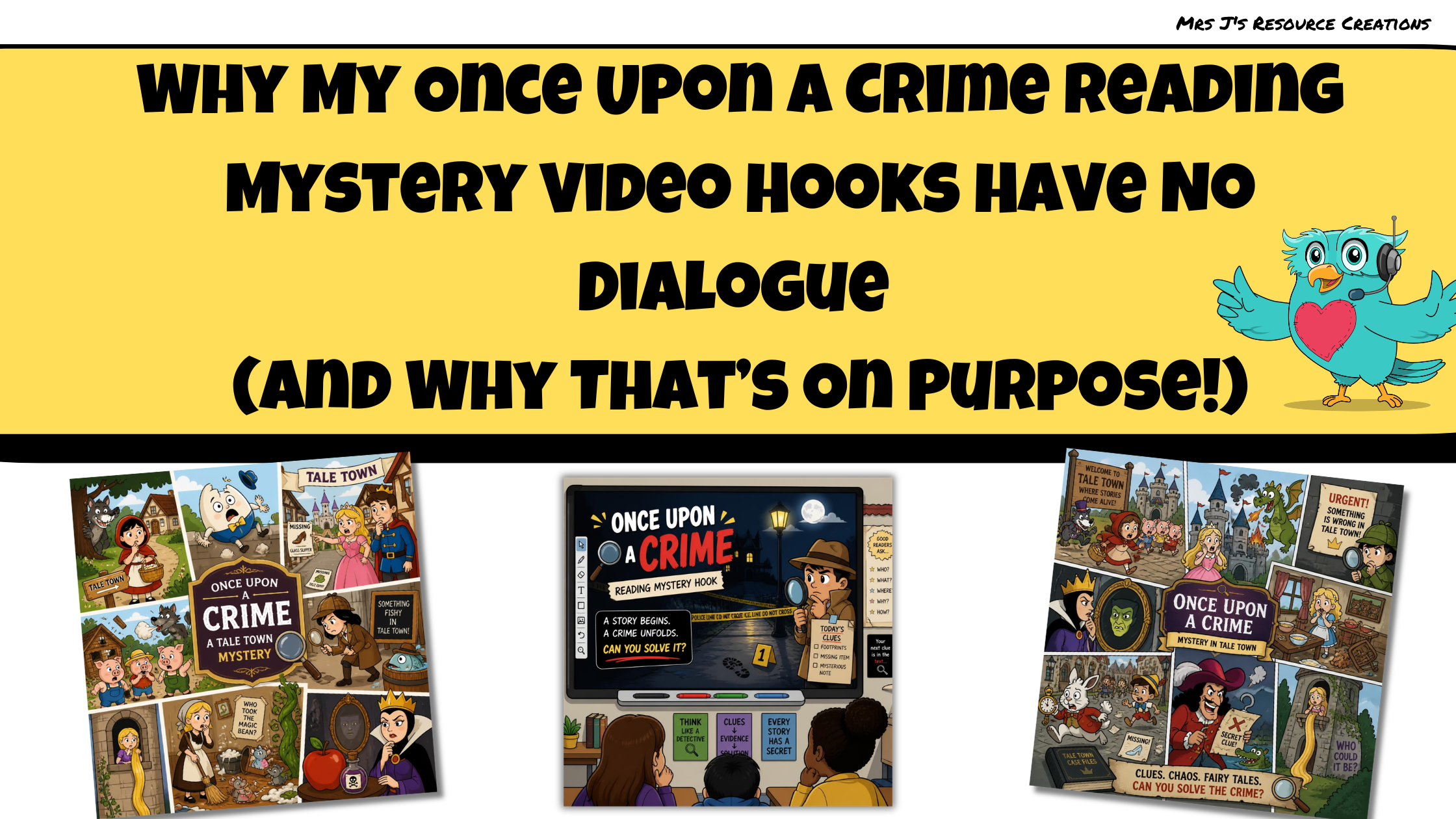 Once Upon a Crime reading mystery video hook showing a detective scene on an interactive classroom screen