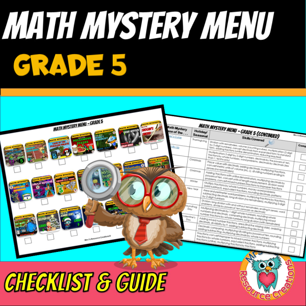 5th Grade Math Mystery Menu Cover FREE Teacher Checklist