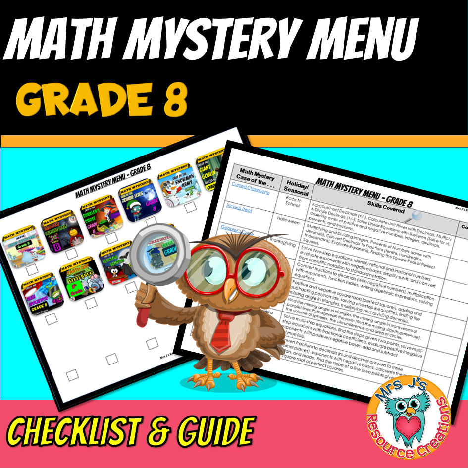 Cover for the free math mystery menu 8th grade checklist collection