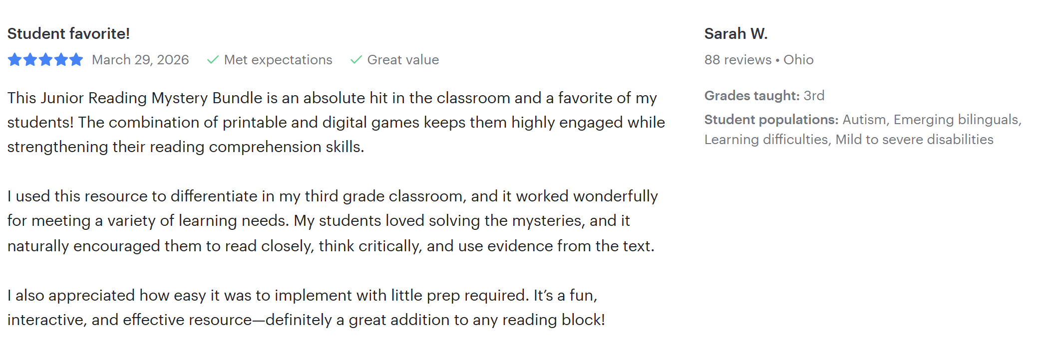 5-star review for Once Upon a Crime reading mysteries on Teachers Pay Teachers