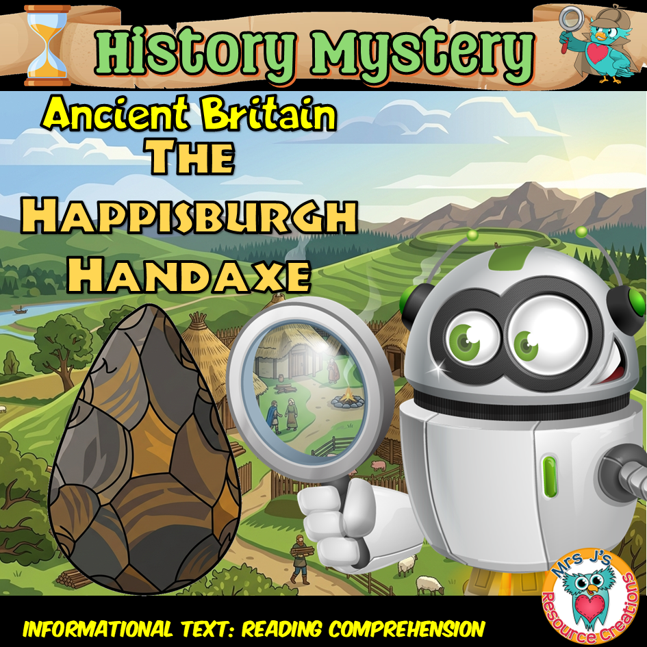 Cover of the Happisburgh Handaxe Ancient UK History Mystery showing a polished 3D cartoon scene of prehistoric Britain with Stonehenge megaliths, thatched Celtic roundhouses, and ancient builders.
