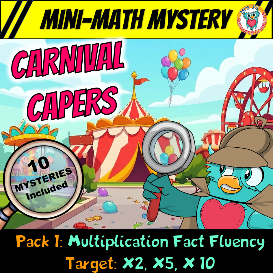 Cover for Mini-Math Mystery Carnival Capers Pack 1, featuring a cartoon detective owl with a magnifying glass at a carnival, showing multiplication fact fluency worksheets targeting 2, 5, and 10 times tables.
