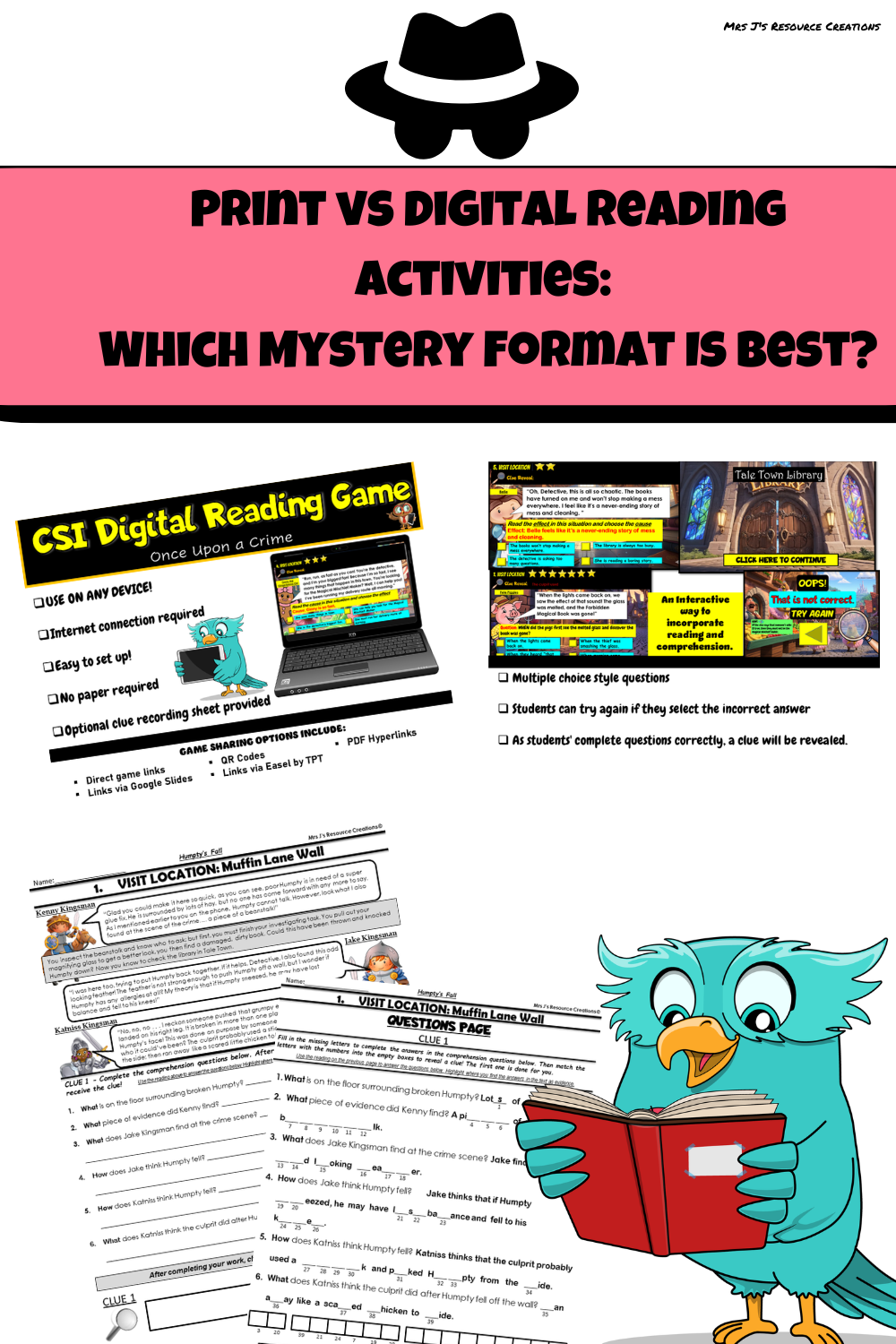 Pin Print vs digital reading activities comparison showing Once Upon a Crime worksheets and CSI digital game