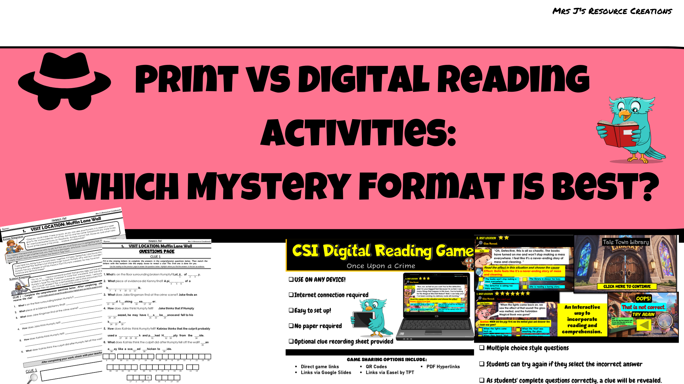 Print vs digital reading activities comparison showing Once Upon a Crime worksheets and CSI digital game