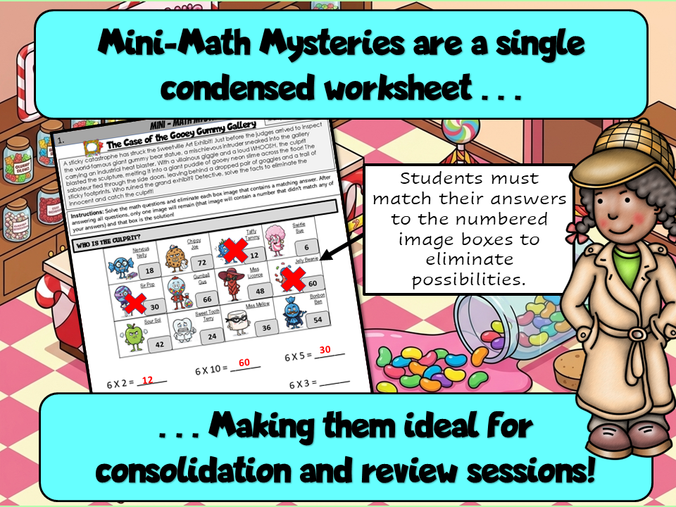 Sample mini math mystery from Candy Crimes demonstrating how this activity works