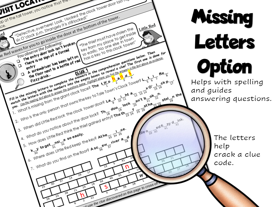 Preview images of Reading Comprehension Mystery worksheets