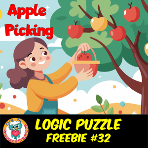 Free September Apple Picking mini-mystery logic puzzle printable worksheet featuring an elimination grid, clue list, and apple basket illustrations.