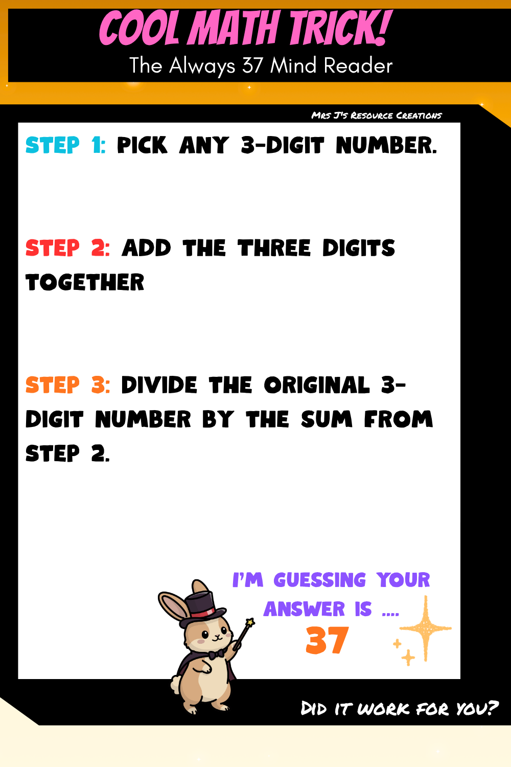 Step-by-step instructions for the Always 37 math trick for kids using repeating three-digit numbers.